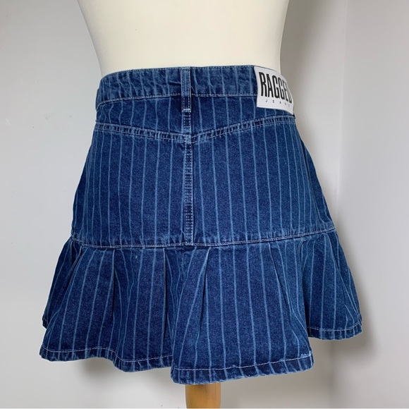 Ragged Priest Blue Denim Mini Skirt Pinstripe Flare With Pleats Waist 34" UK 16 - Picture 13 of 14